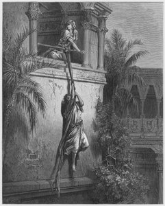 Gustave Doré Bijbel: De ontsnapping van David door het raam door Gustave Dore